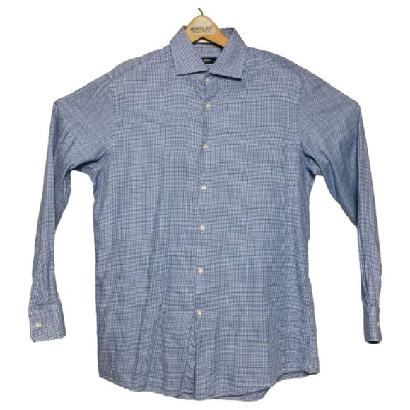 Hugo Boss Blue Herringbone Windowpane Check L/S Cotton Btn Down Mens Size 16/34 - Picture 1 of 5